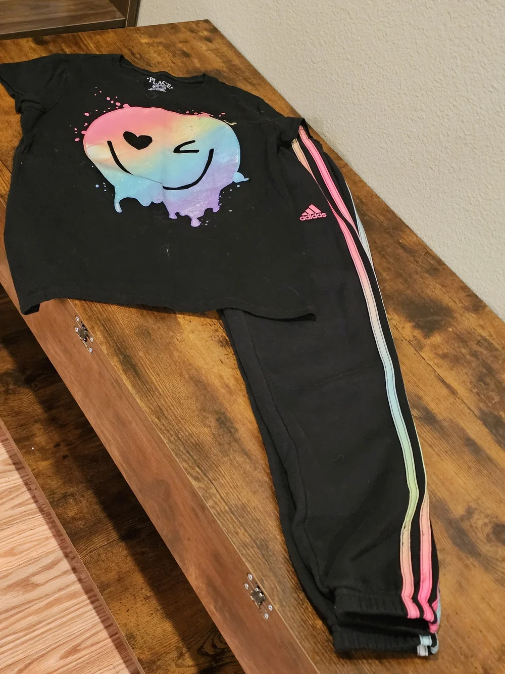 Adidas Black Joggers with Pastel Rainbow Side Stripes And Happy Face Tee